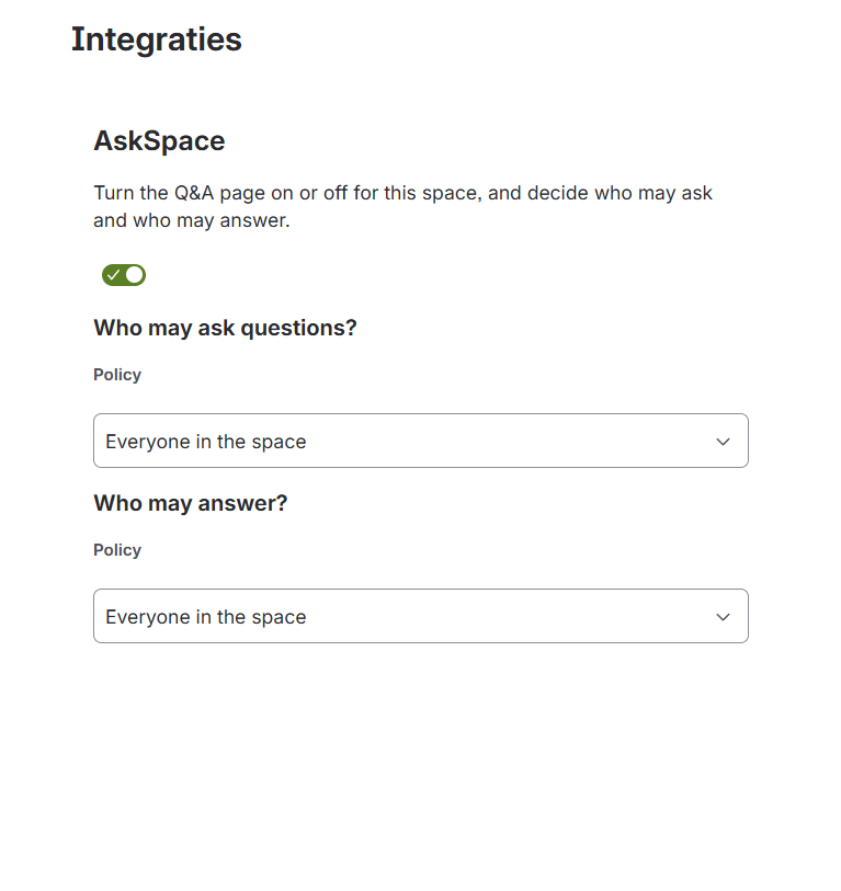 AskSpace space settings: a toggle for this space, plus policies for who may ask and who may answer