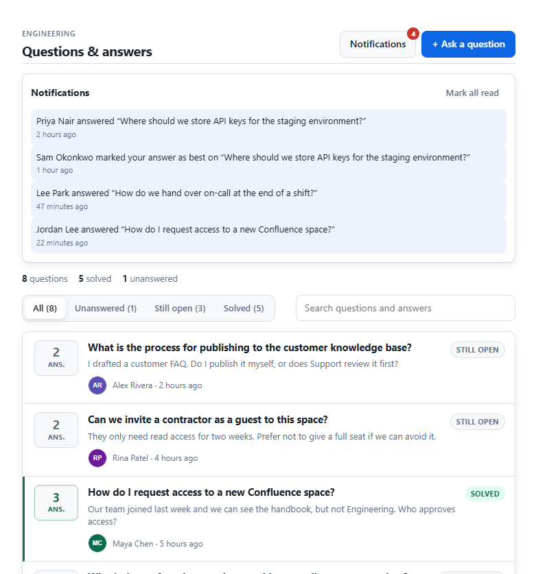 AskSpace notification panel listing new answers and a best answer mark
